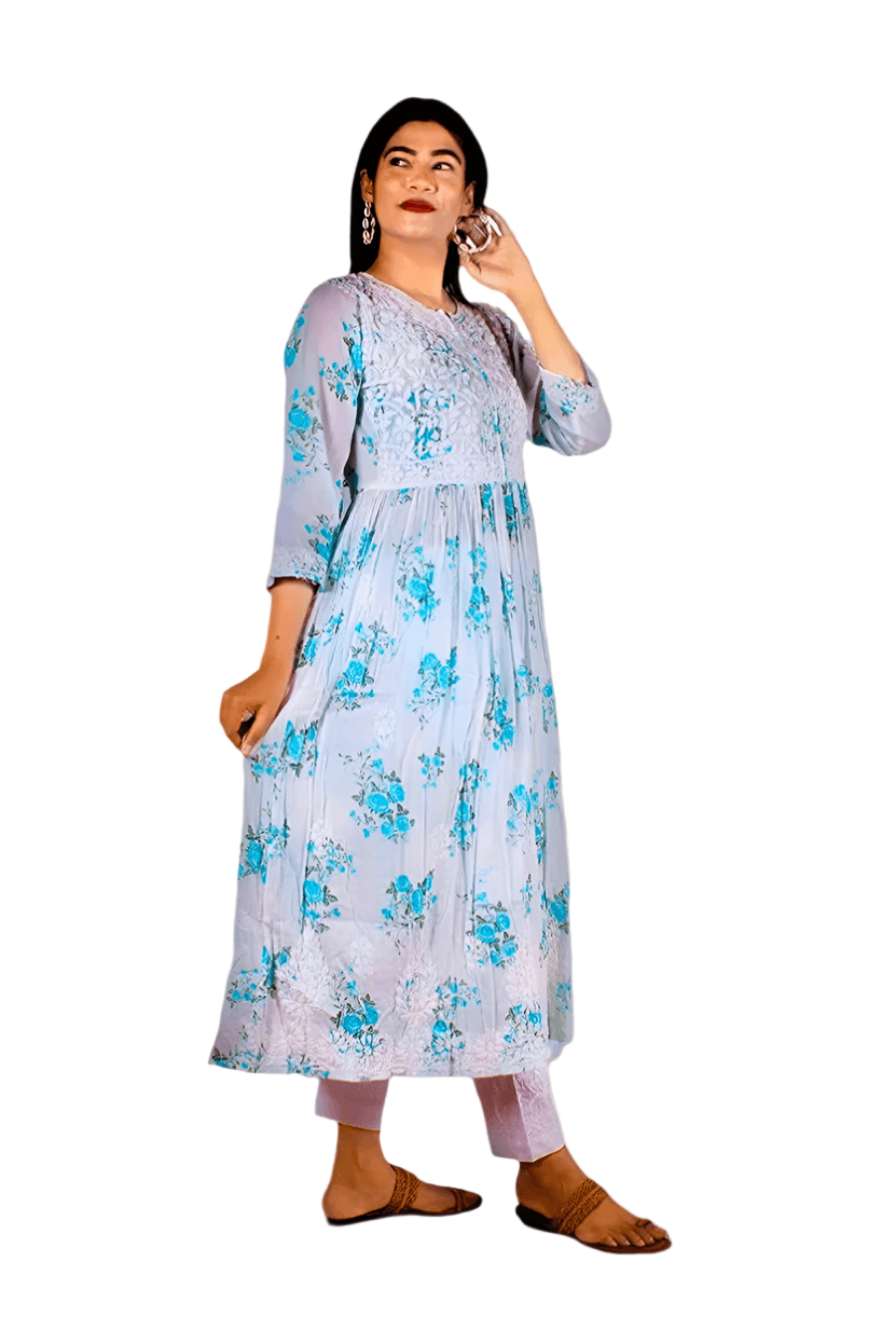 Mulmul Chikankari Printed Long Gown – Hand Embroidered Elegance for Women | Store Chikankari