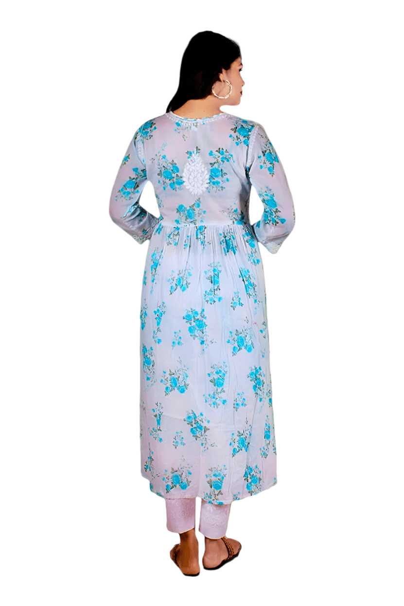 Mulmul Chikankari Printed Long Gown – Hand Embroidered Elegance for Women | Store Chikankari
