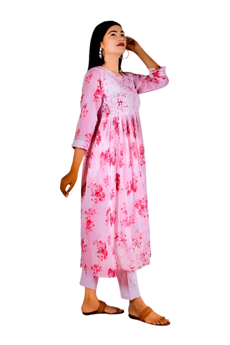 Mulmul Chikankari Printed Long Gown – Hand Embroidered Elegance for Women | Store Chikankari
