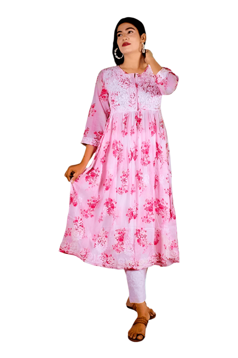 Mulmul Chikankari Printed Long Gown – Hand Embroidered Elegance for Women | Store Chikankari