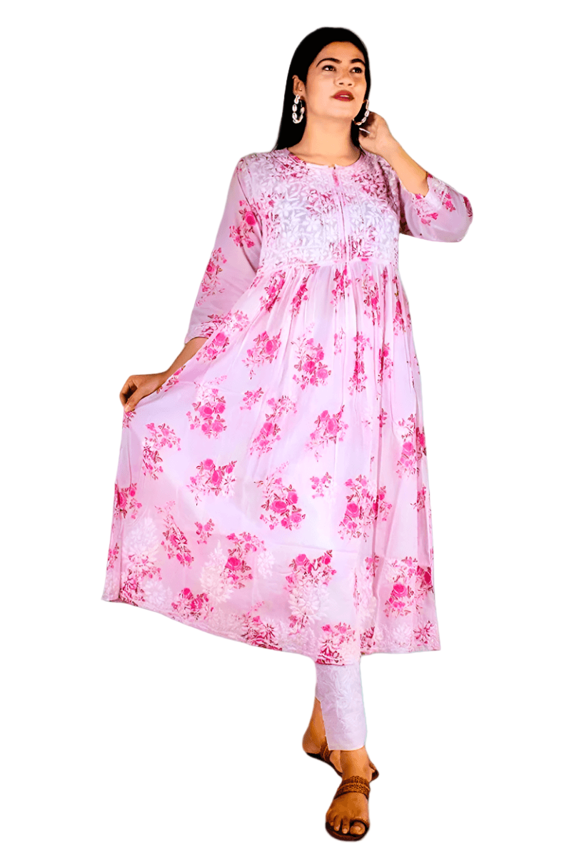 Mulmul Chikankari Printed Long Gown – Hand Embroidered Elegance for Women | Store Chikankari
