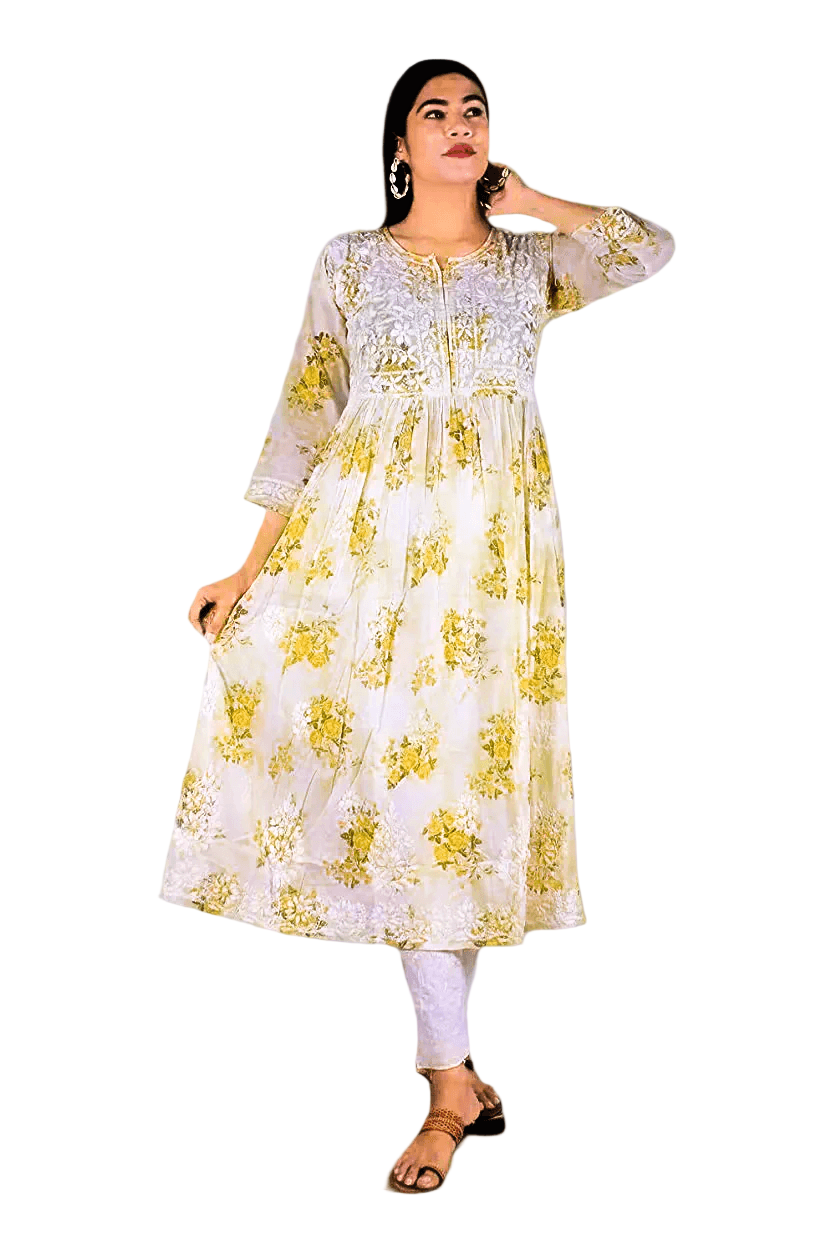 Mulmul Chikankari Printed Long Gown – Hand Embroidered Elegance for Women | Store Chikankari