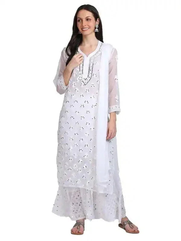 Ayna Georgette Chikankari 3 Piece Mirror Dyed Set with Coordinating Inner - Store Chikankari
