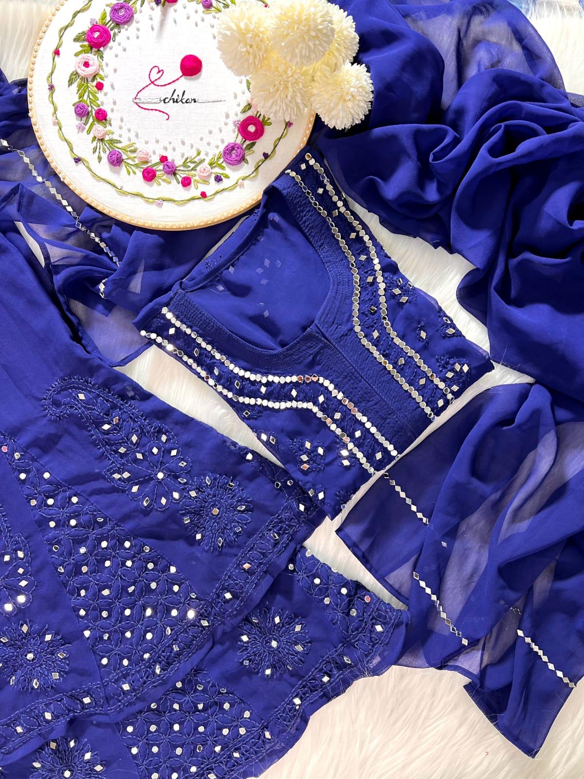 Ayna Georgette Chikankari 3 Piece Mirror Dyed Set with Coordinating Inner - Store Chikankari