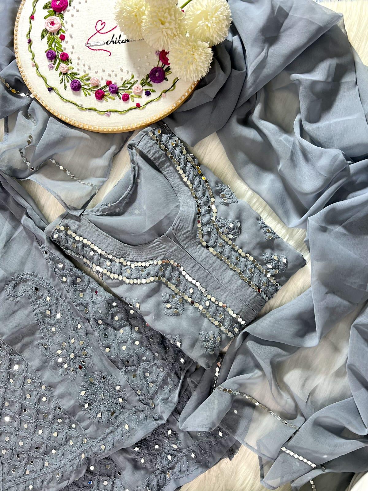 Ayna Georgette Chikankari 3 Piece Mirror Dyed Set with Coordinating Inner - Store Chikankari