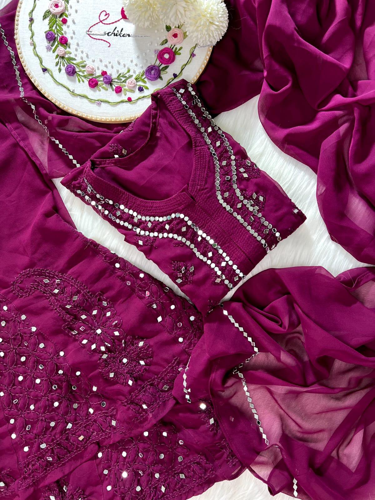 Ayna Georgette Chikankari 3 Piece Mirror Dyed Set with Coordinating Inner - Store Chikankari