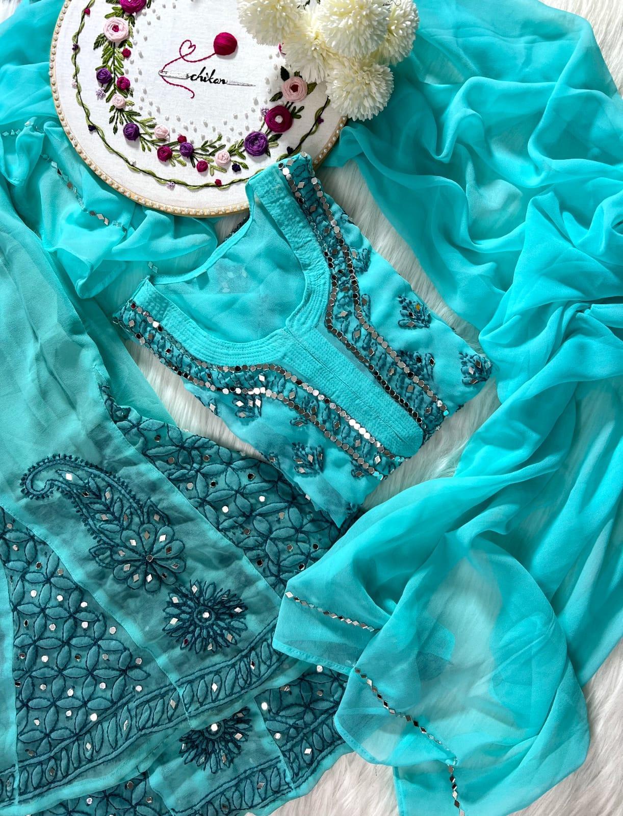Ayna Georgette Chikankari 3 Piece Mirror Dyed Set with Coordinating Inner - Store Chikankari