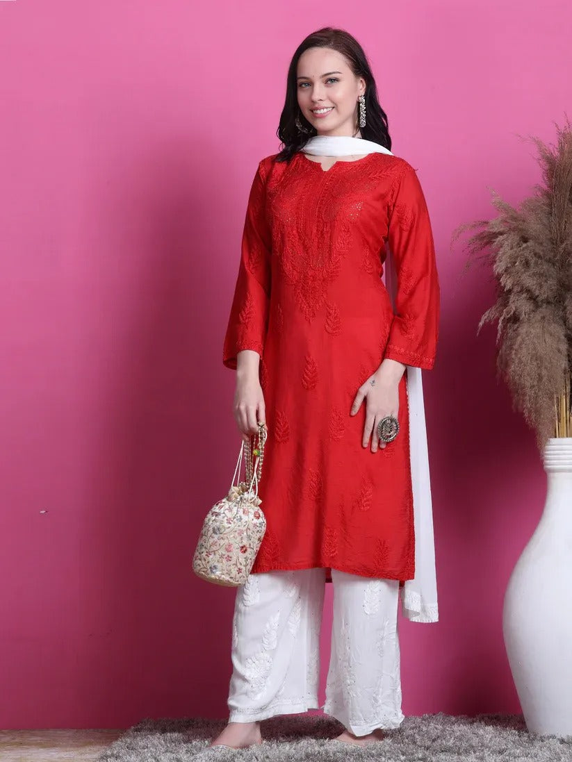 Chanderi Mukaish 3 Piece Set - Store Chikankari