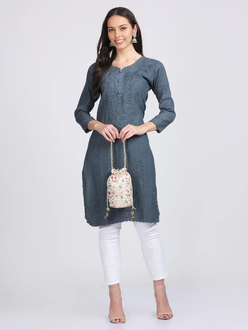 Chikankari Cotton Kurti with Crochet & Laced work - Store Chikankari