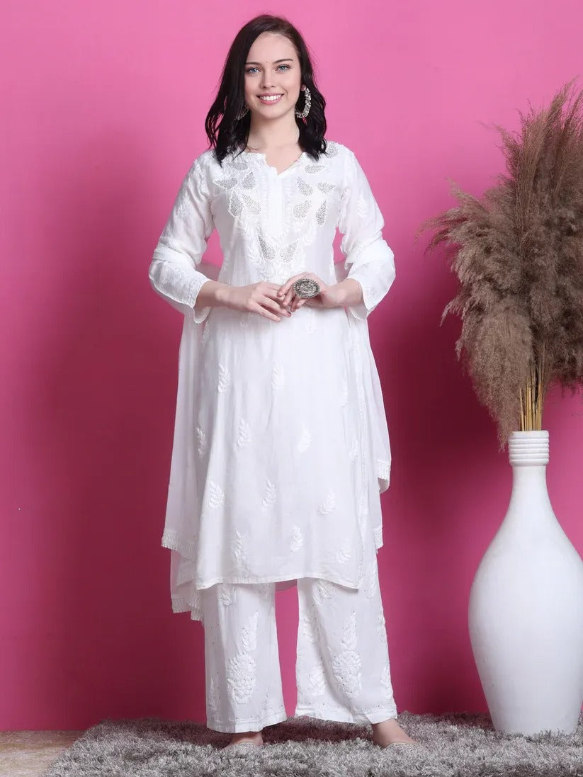 Chanderi Mukaish 3 Piece Set - Store Chikankari