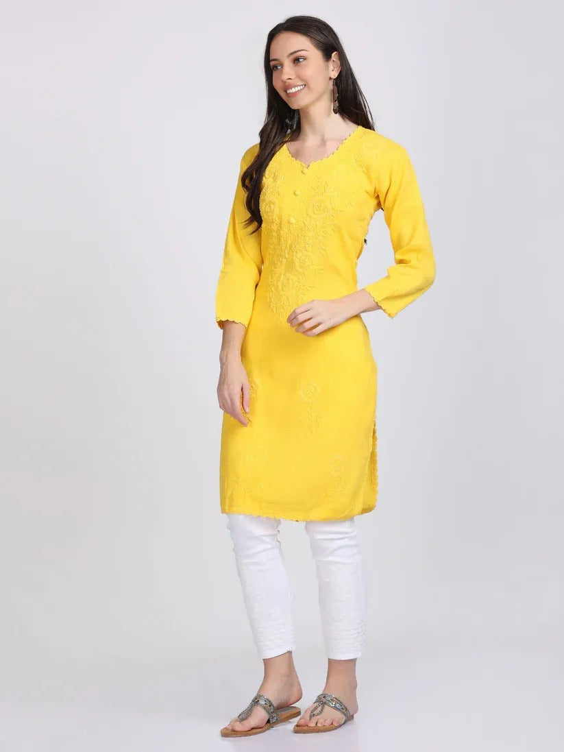 Chikankari Cotton Kurti with Crochet & Laced work - Store Chikankari