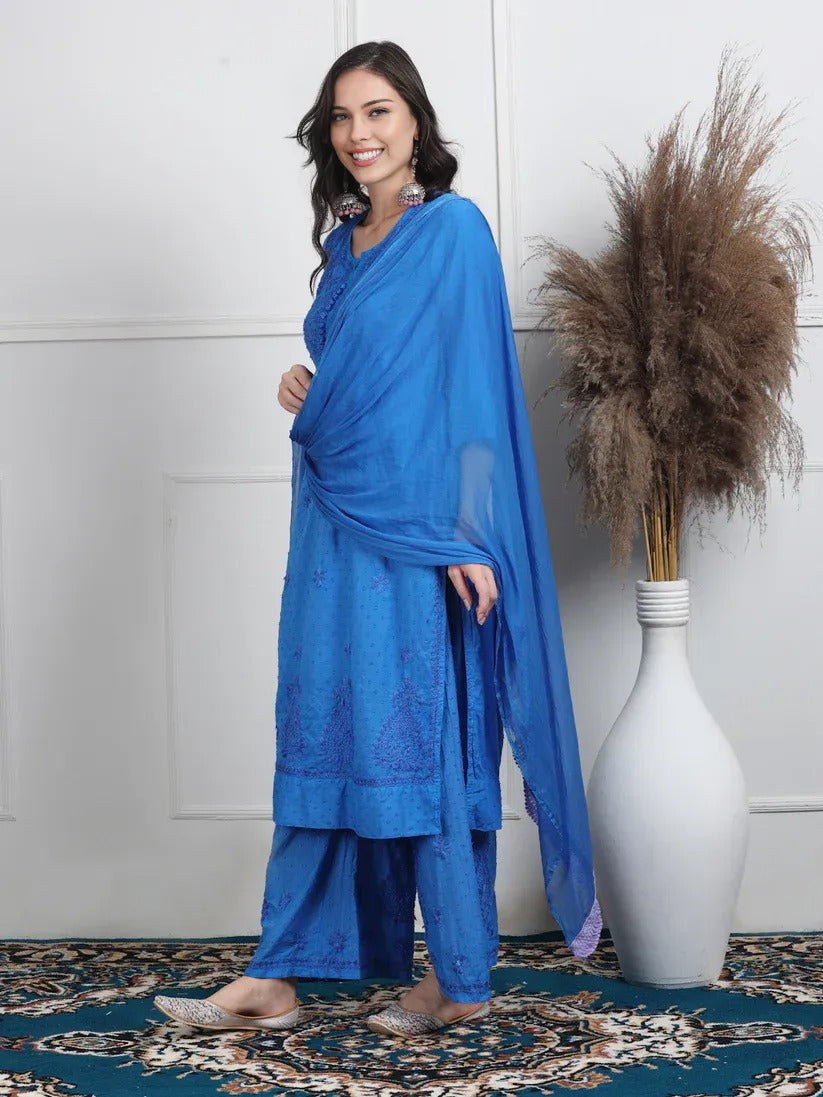 Dobby Cotton 3 piece Set Kurti, Dupatta & Plazzo