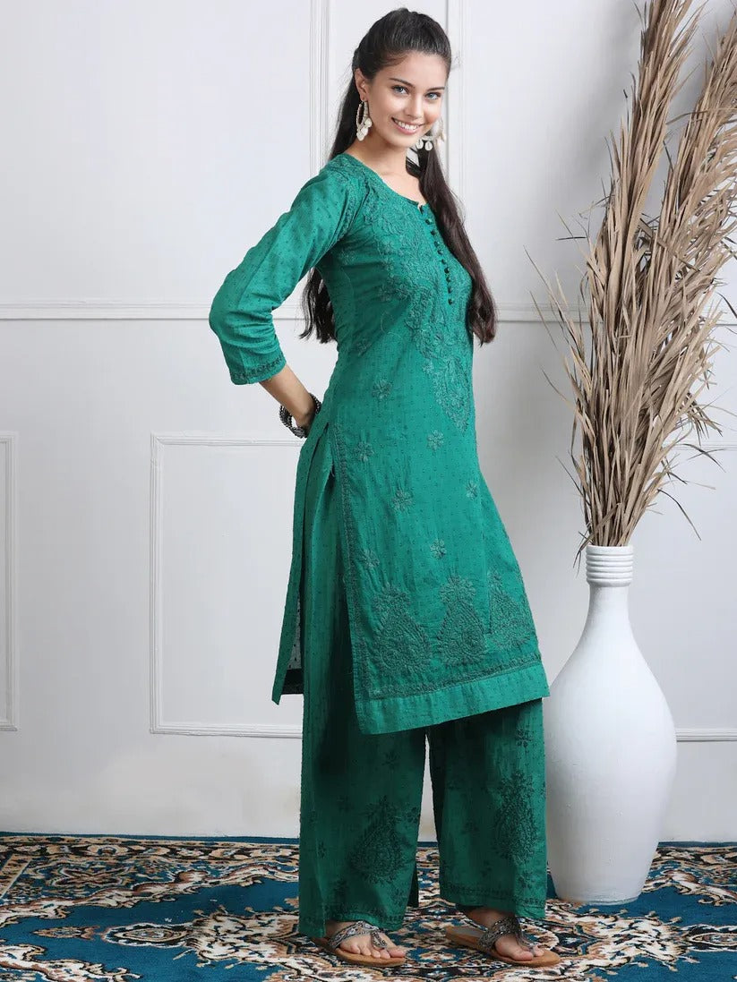 Dobby Cotton 3 piece Set Kurti, Dupatta & Plazzo