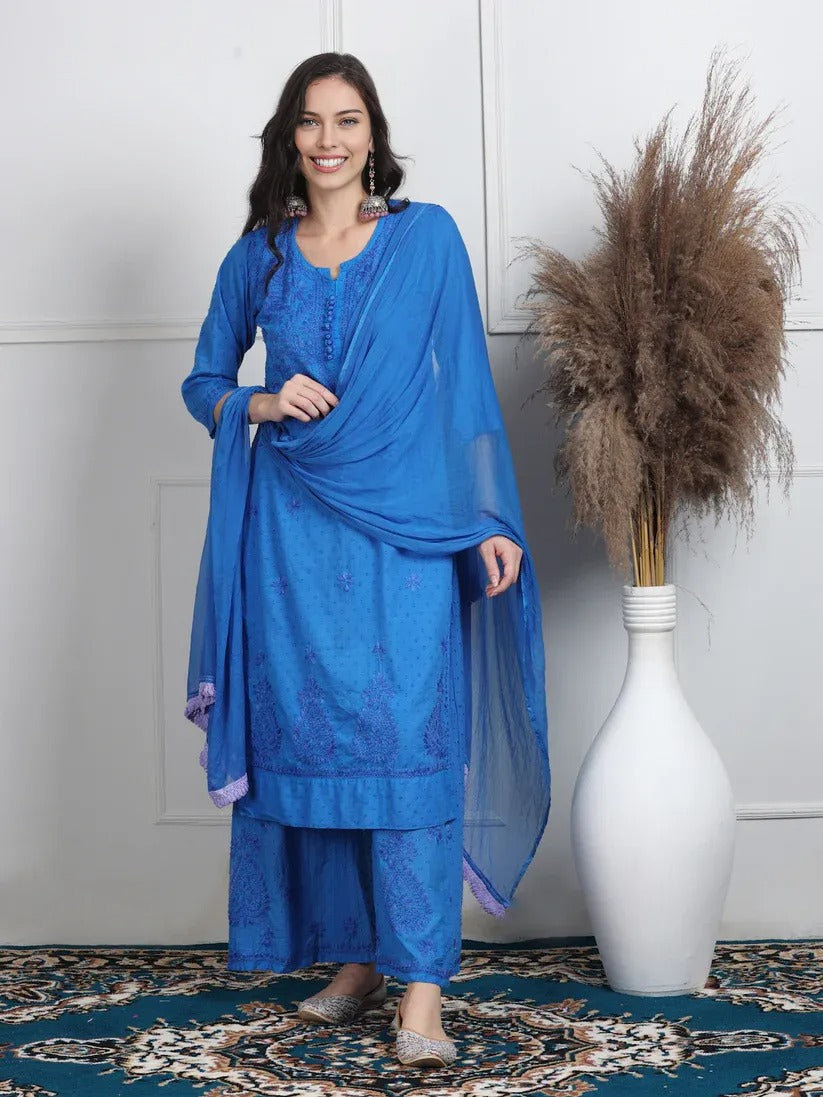 Dobby Cotton 3 piece Set Kurti, Dupatta & Plazzo