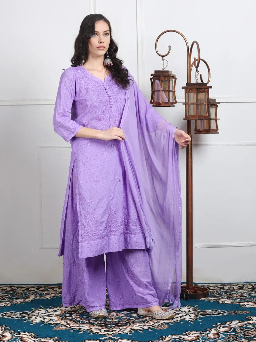 Dobby Cotton 3 piece Set Kurti, Dupatta & Plazzo