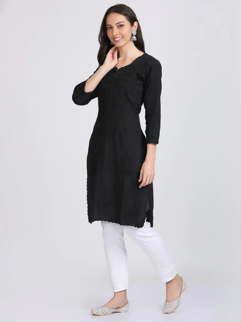 Chikankari Cotton Kurti with Crochet & Laced work - Store Chikankari