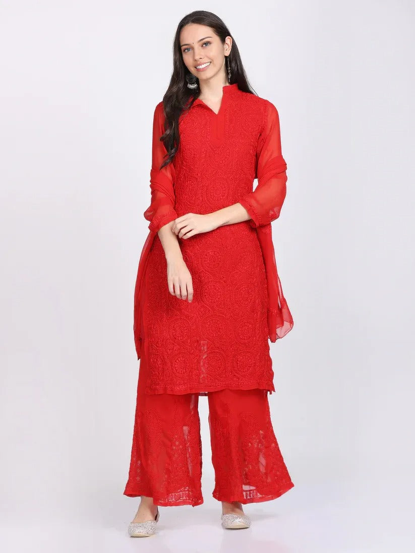 Ring Jaal Chikankari Straight Kurta wit Maching Stole & Inner