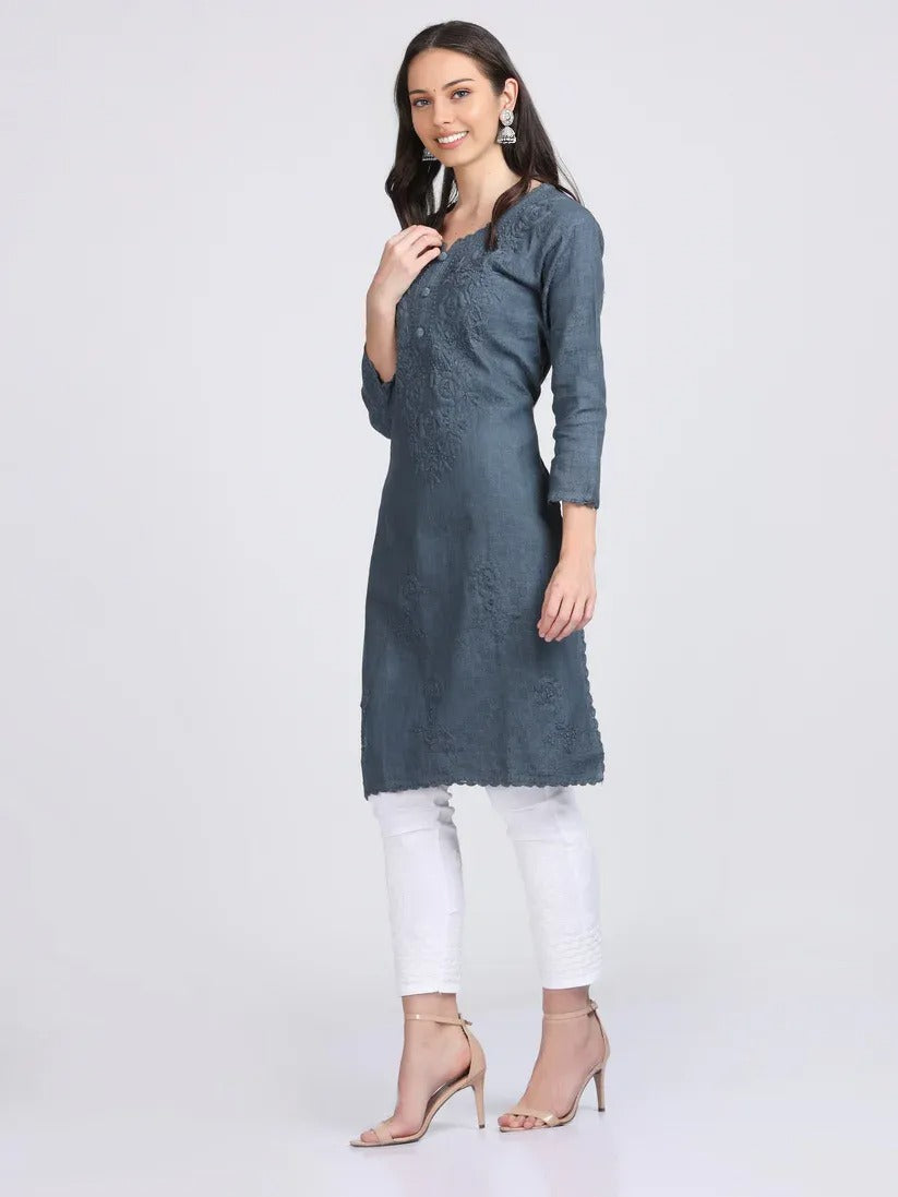 Chikankari Cotton Kurti with Crochet & Laced work - Store Chikankari