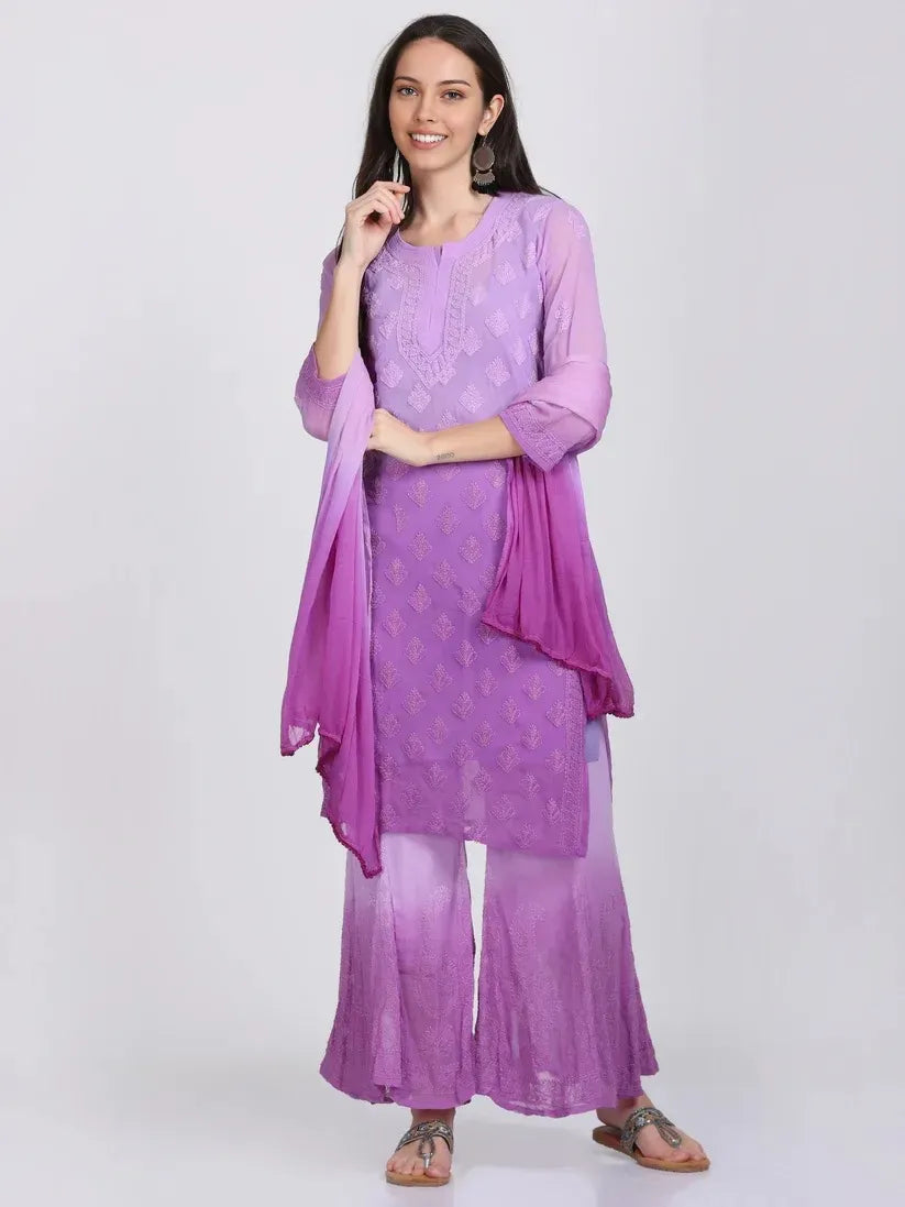 Georgette Chikankari 3 Piece Ombre Dyed Kurta Set