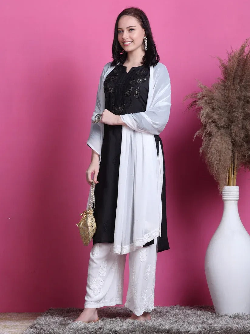 Chanderi Mukaish 3 Piece Set - Store Chikankari