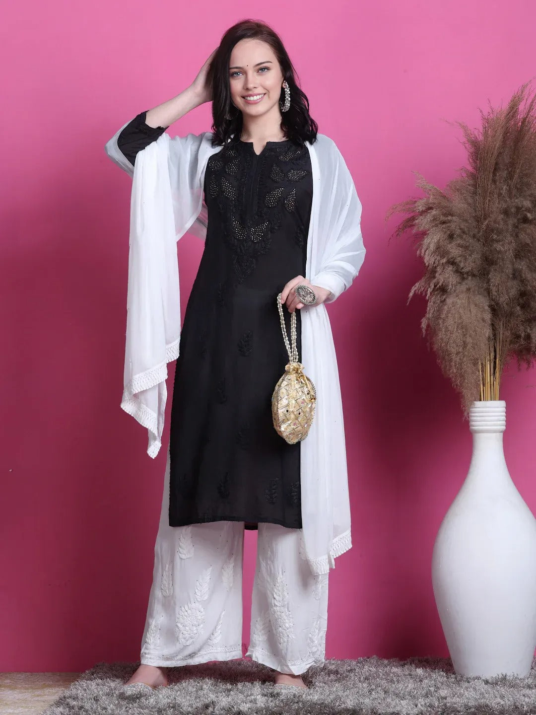 Chanderi Mukaish 3 Piece Set - Store Chikankari