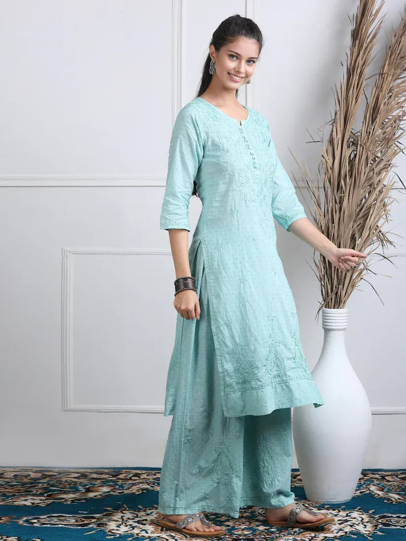 Dobby Cotton 3 piece Set Kurti, Dupatta & Plazzo