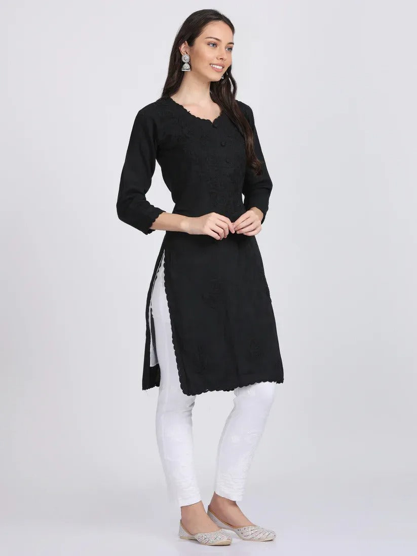 Chikankari Cotton Kurti with Crochet & Laced work - Store Chikankari