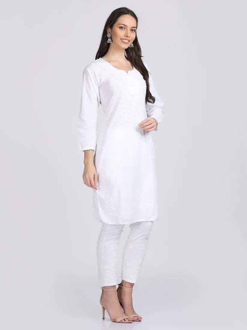 Chikankari Cotton Kurti with Crochet & Laced work - Store Chikankari