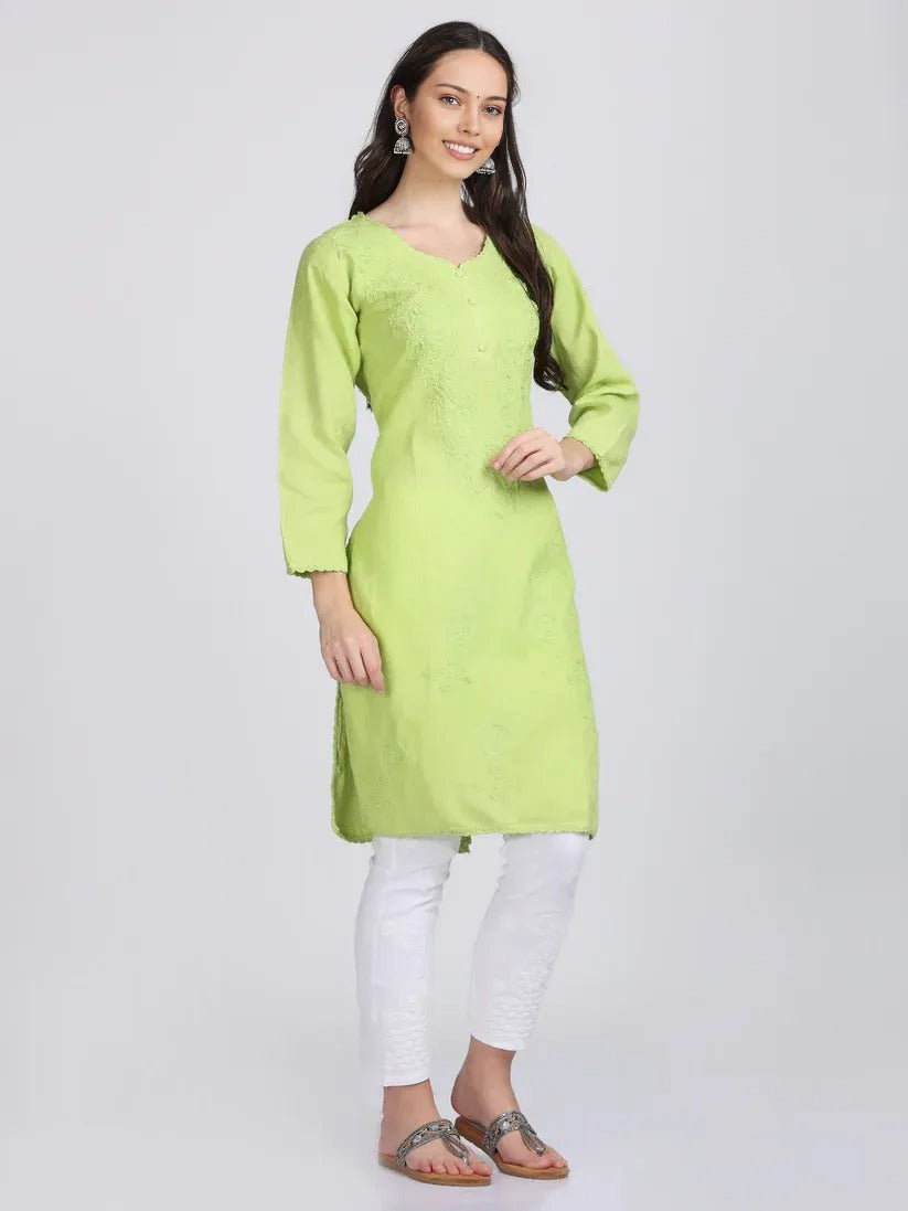 Chikankari Cotton Kurti with Crochet & Laced work - Store Chikankari