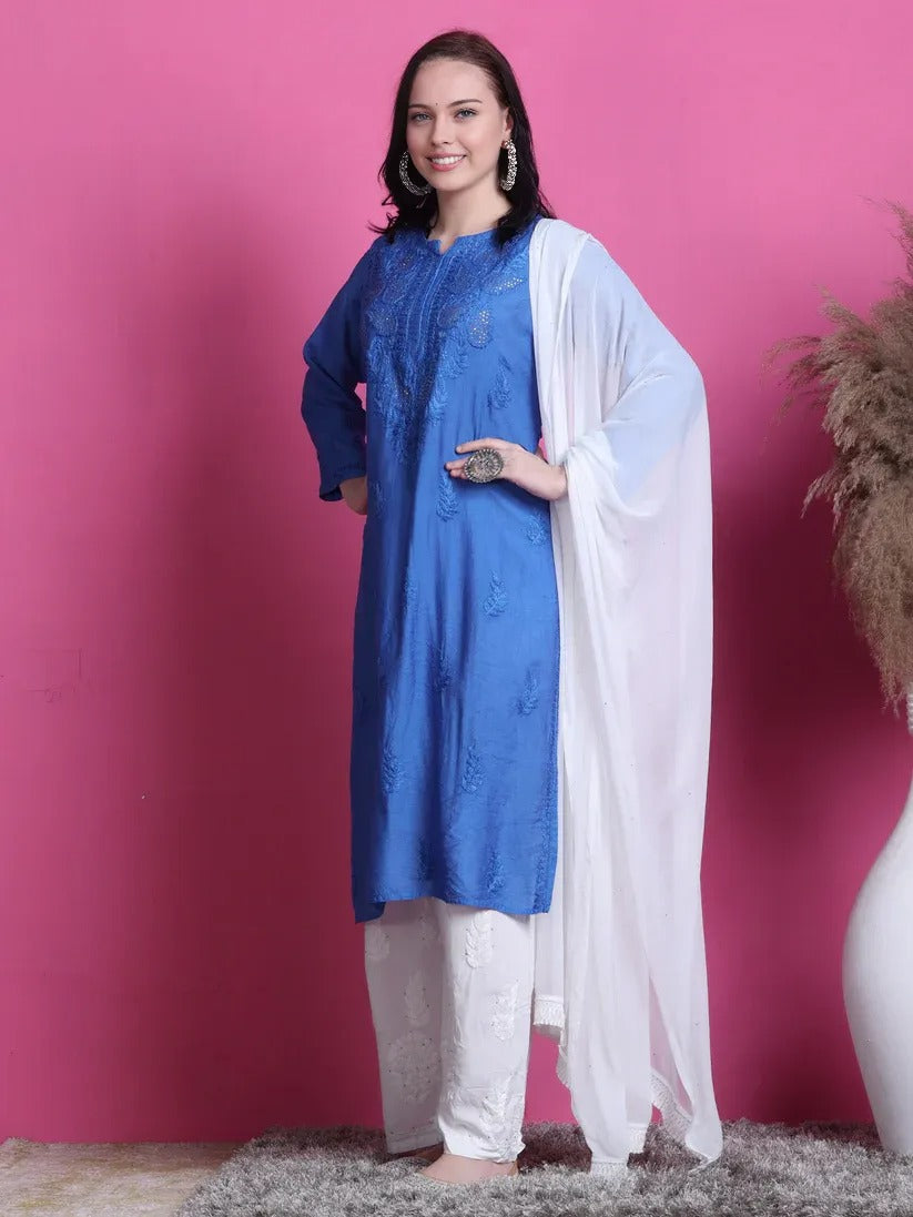 Chanderi Mukaish 3 Piece Set - Store Chikankari