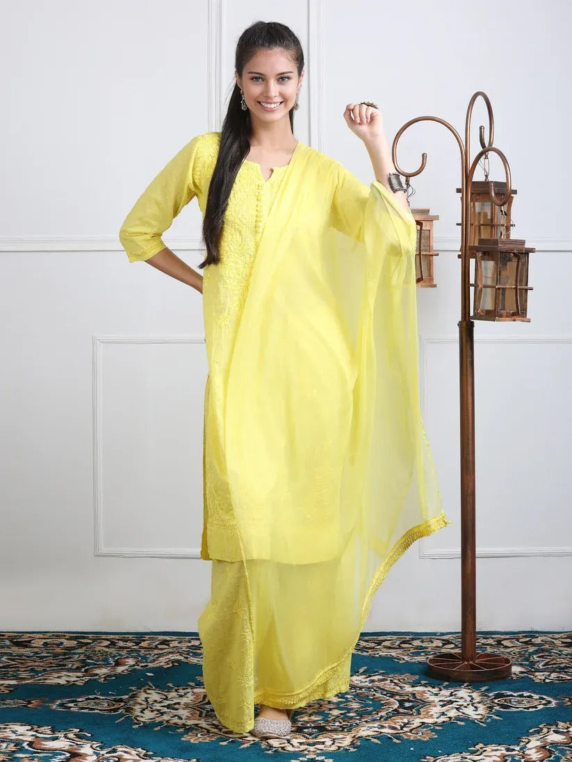 Dobby Cotton 3 piece Set Kurti, Dupatta & Plazzo
