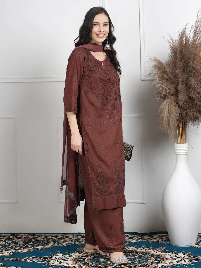 Dobby Cotton 3 piece Set Kurti, Dupatta & Plazzo