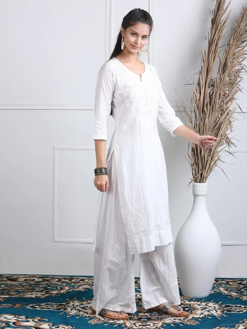 Dobby Cotton 3 piece Set Kurti, Dupatta & Plazzo