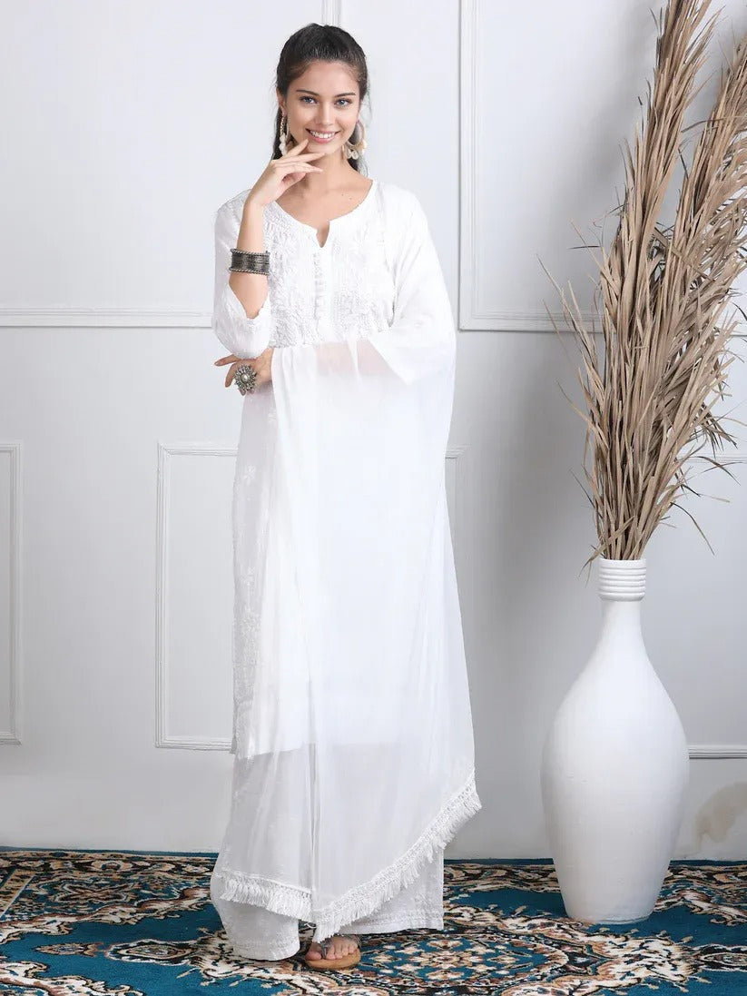 Dobby Cotton 3 piece Set Kurti, Dupatta & Plazzo