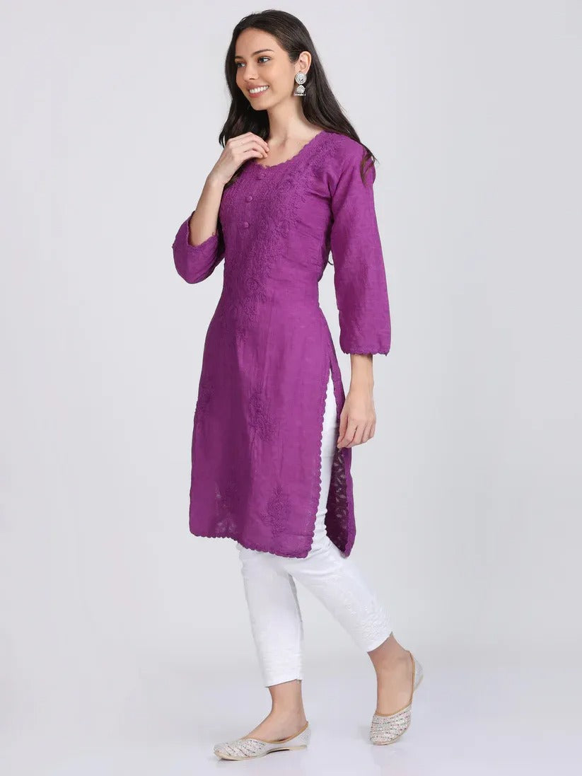 Chikankari Cotton Kurti with Crochet & Laced work