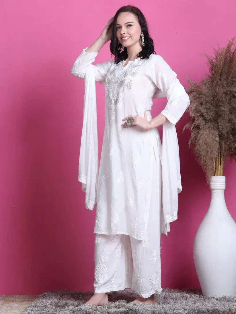 Chanderi Mukaish 3 Piece Set - Store Chikankari