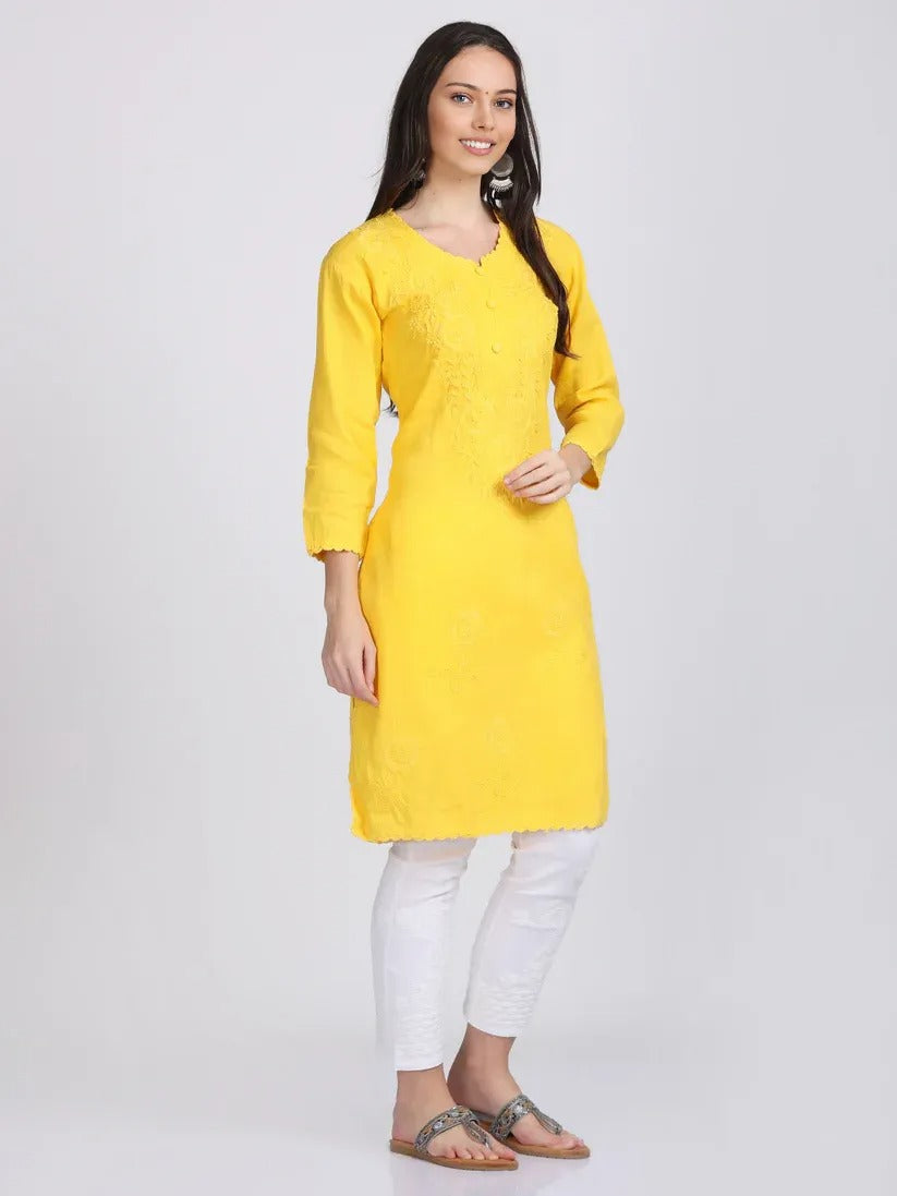 Chikankari Cotton Kurti with Crochet & Laced work - Store Chikankari