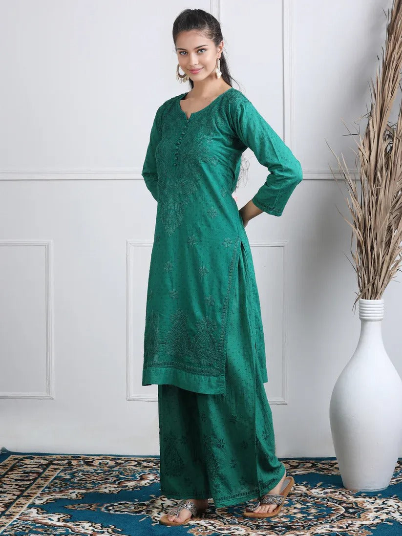 Dobby Cotton 3 piece Set Kurti, Dupatta & Plazzo