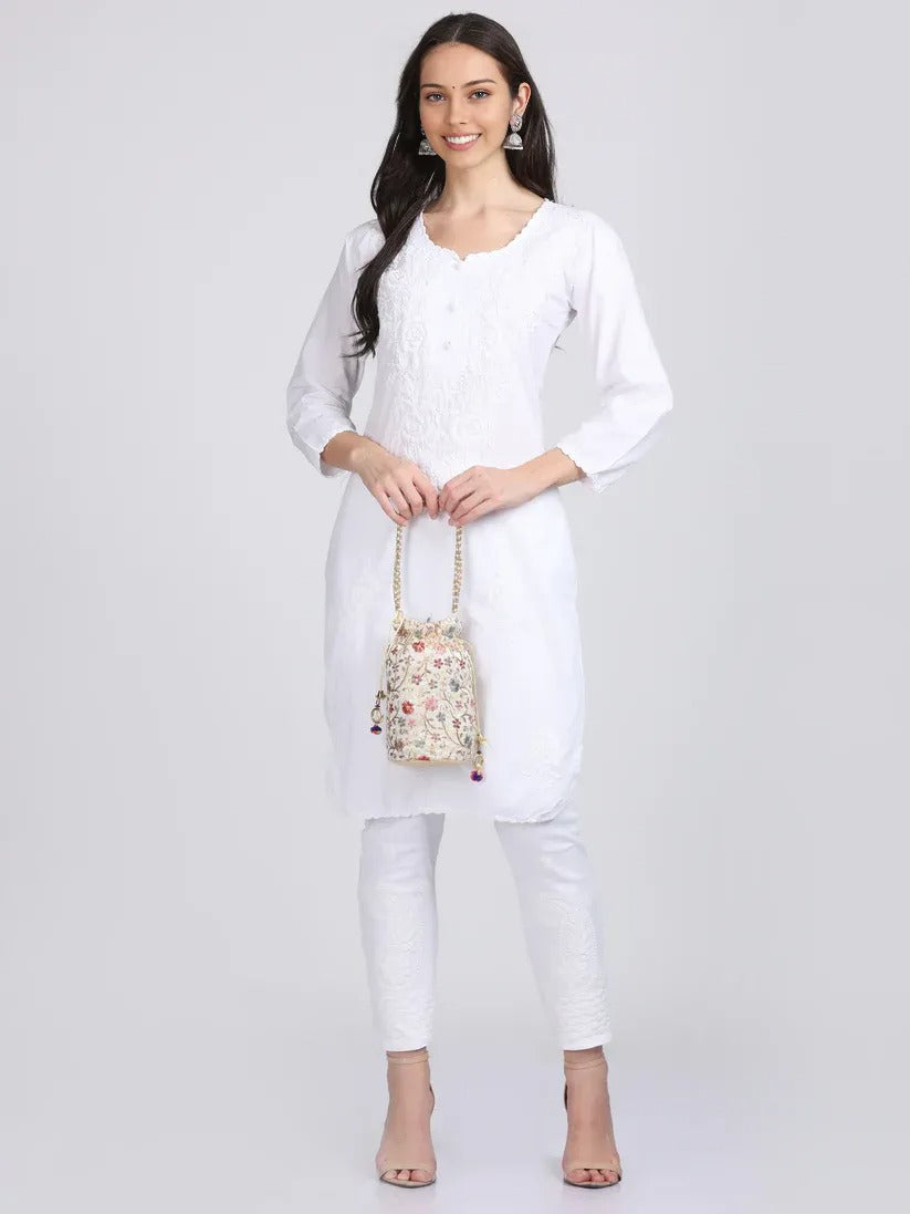 Chikankari Cotton Kurti with Crochet & Laced work