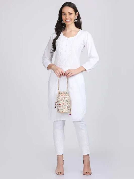 Chikankari Cotton Kurti with Crochet & Laced work - Store Chikankari