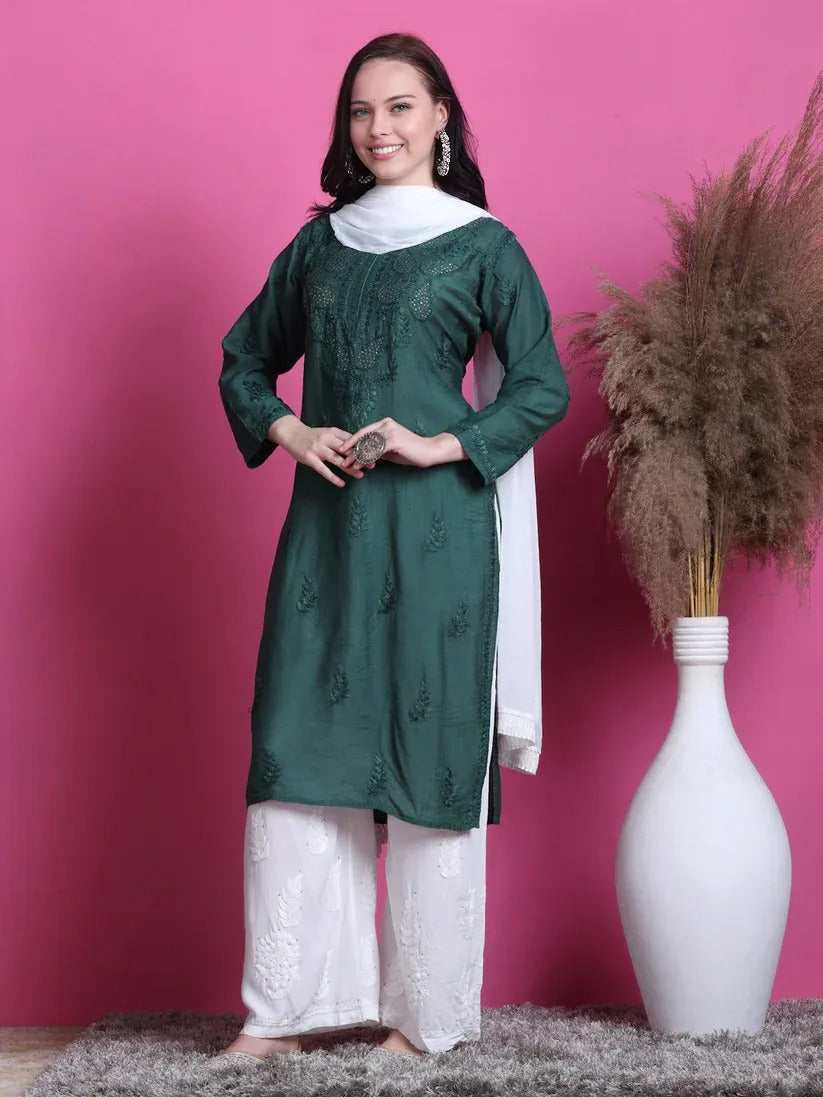 Chanderi Mukaish 3 Piece Set - Store Chikankari