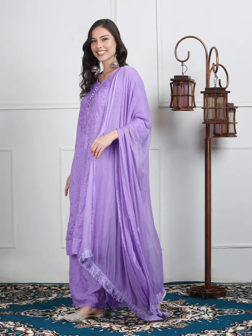 Dobby Cotton 3 piece Set Kurti, Dupatta & Plazzo