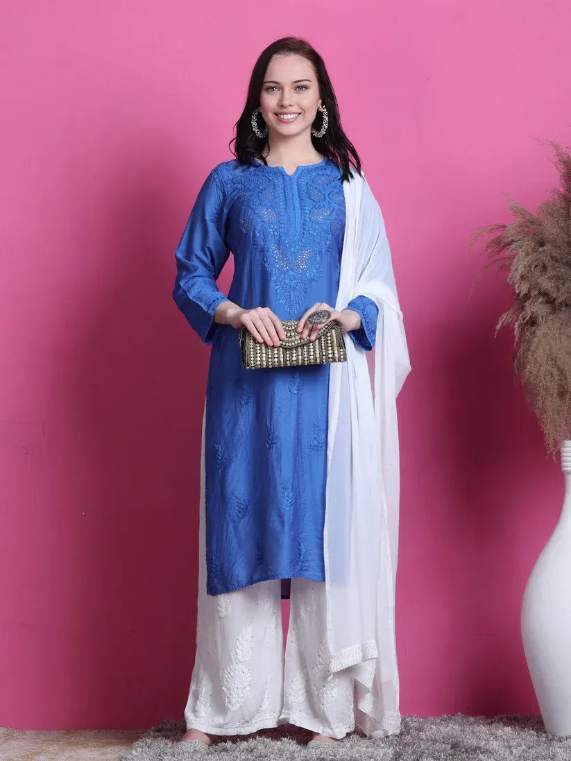 Chanderi Mukaish 3 Piece Set - Store Chikankari