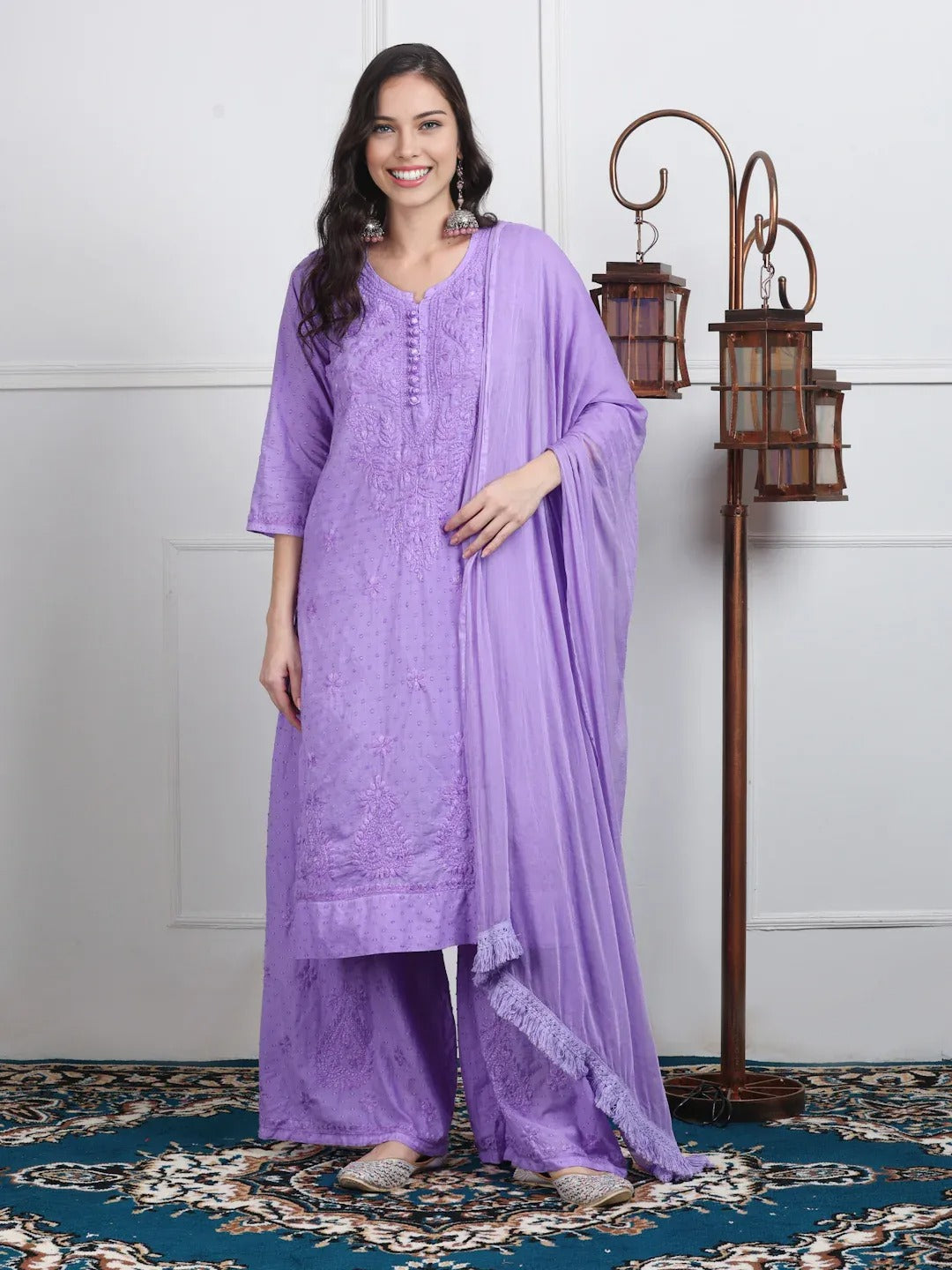 Dobby Cotton 3 piece Set Kurti, Dupatta & Plazzo