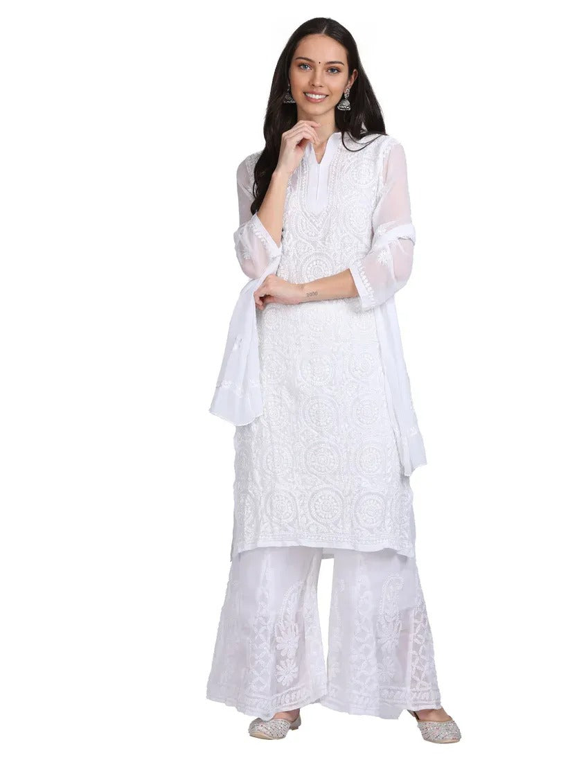 Ring Jaal Chikankari Straight Kurta wit Maching Stole & Inner