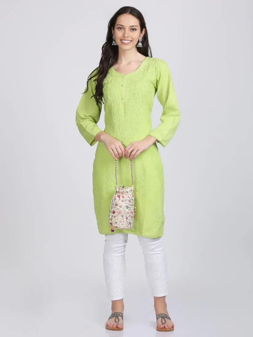 Chikankari Cotton Kurti with Crochet & Laced work - Store Chikankari