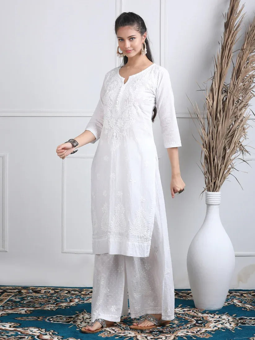Dobby Cotton 3 piece Set Kurti, Dupatta & Plazzo