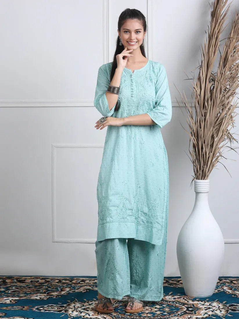 Dobby Cotton 3 piece Set Kurti, Dupatta & Plazzo