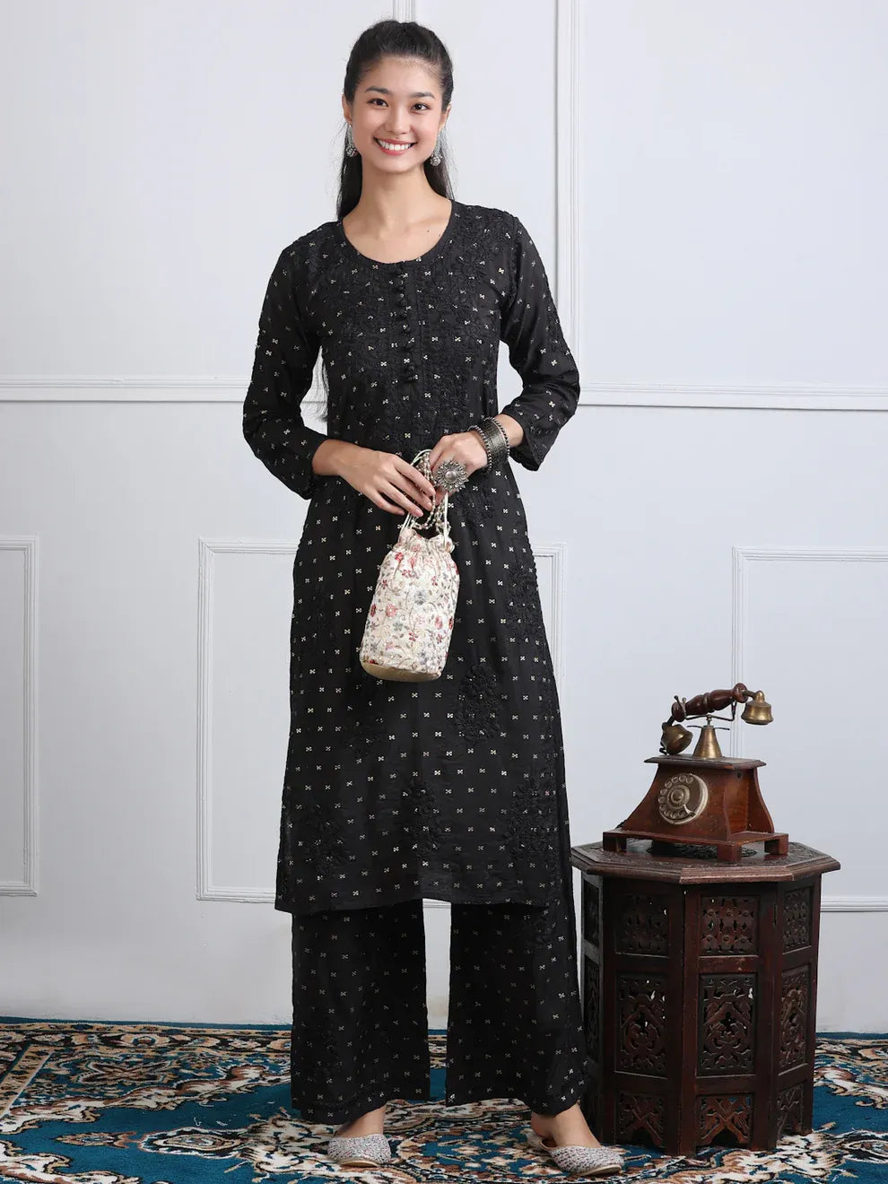 Chanderi Sild Handwork Chikankari Kurta & Plazzo Set