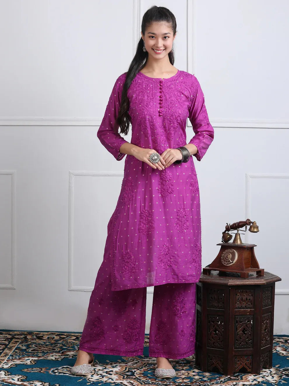Chanderi Sild Handwork Chikankari Kurta & Plazzo Set